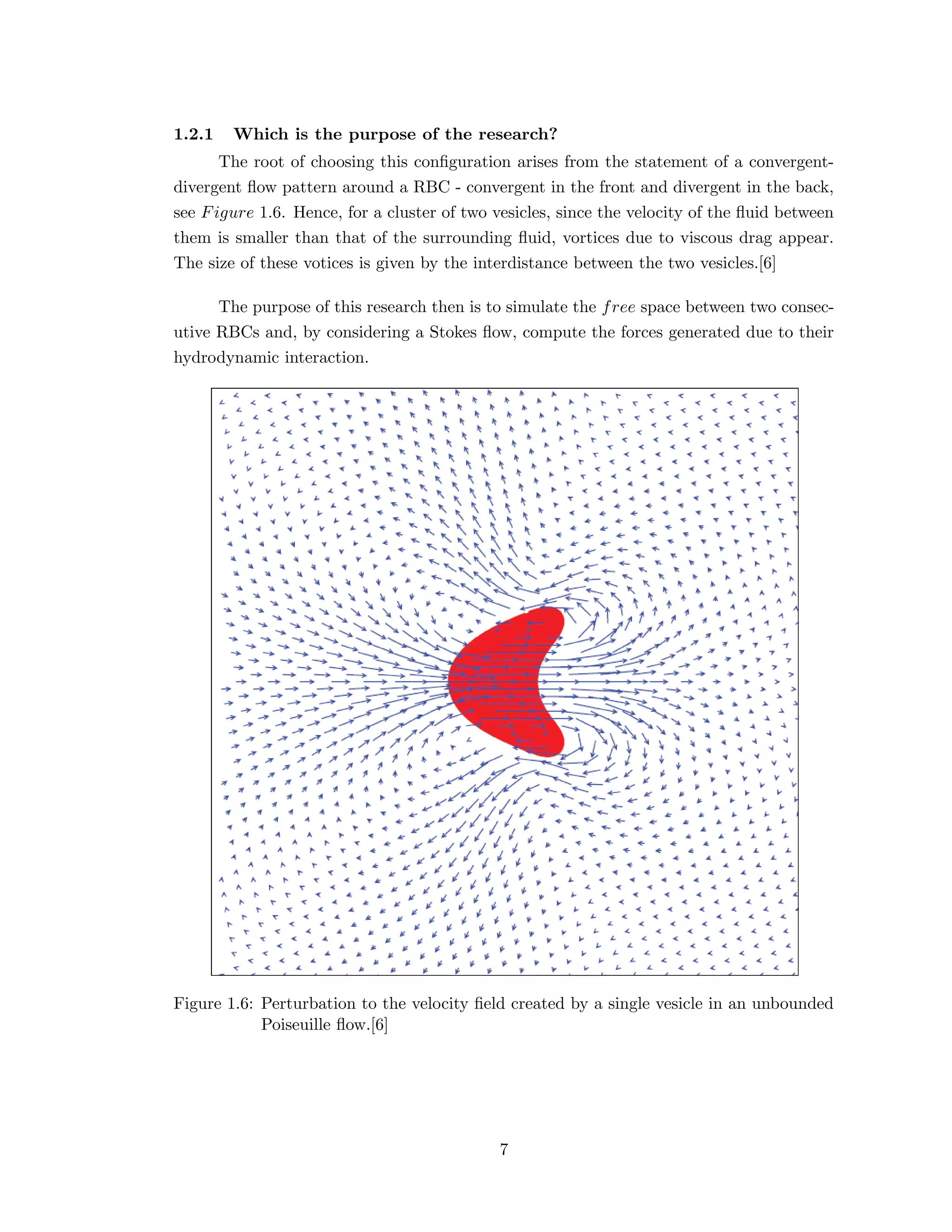 1.2.1 Which is the purpose of the research?
The root of choosing this conﬁguration arises from the statement of a convergent-
divergent ﬂow pattern around a RBC - convergent in the front and divergent in the back,
see Figure 1.6. Hence, for a cluster of two vesicles, since the velocity of the ﬂuid between
them is smaller than that of the surrounding ﬂuid, vortices due to viscous drag appear.
The size of these votices is given by the interdistance between the two vesicles.[6]
The purpose of this research then is to simulate the free space between two consec-
utive RBCs and, by considering a Stokes ﬂow, compute the forces generated due to their
hydrodynamic interaction.
Figure 1.6: Perturbation to the velocity ﬁeld created by a single vesicle in an unbounded
Poiseuille ﬂow.[6]
7
 
