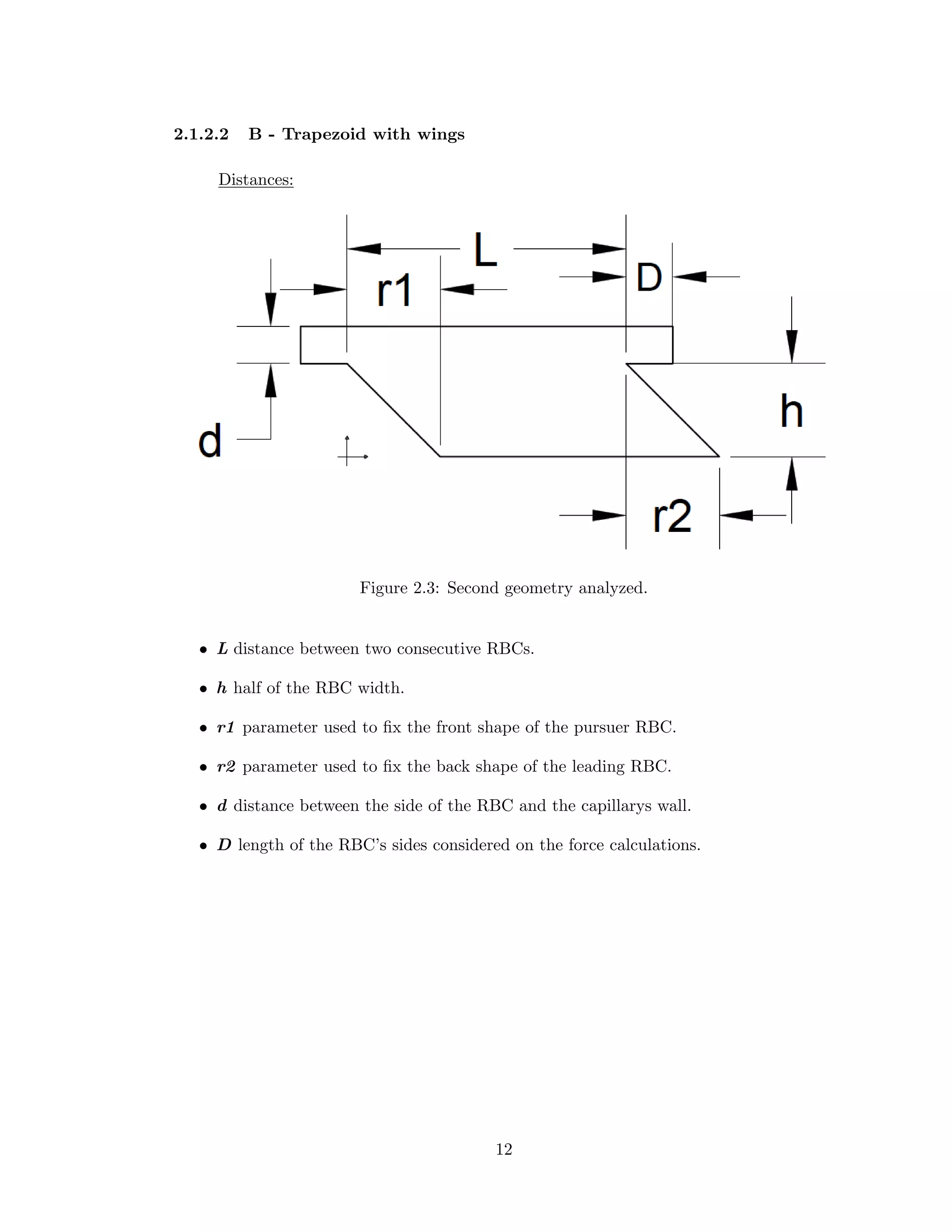 2.1.2.2 B - Trapezoid with wings
Distances:
Figure 2.3: Second geometry analyzed.
• L distance between two consecutive RBCs.
• h half of the RBC width.
• r1 parameter used to ﬁx the front shape of the pursuer RBC.
• r2 parameter used to ﬁx the back shape of the leading RBC.
• d distance between the side of the RBC and the capillarys wall.
• D length of the RBC’s sides considered on the force calculations.
12
 