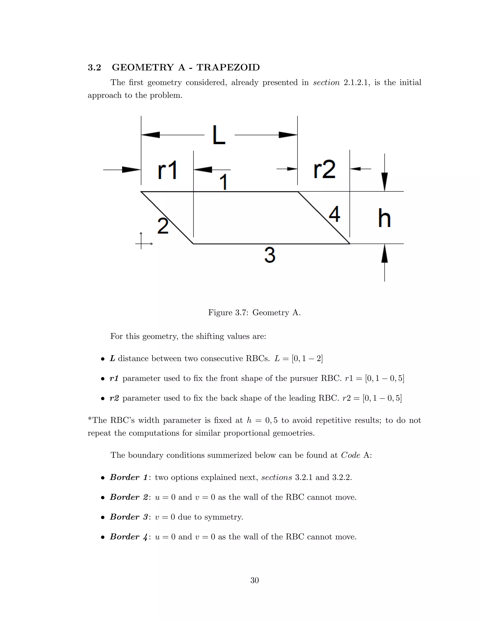3.2 GEOMETRY A - TRAPEZOID
The ﬁrst geometry considered, already presented in section 2.1.2.1, is the initial
approach to the problem.
Figure 3.7: Geometry A.
For this geometry, the shifting values are:
• L distance between two consecutive RBCs. L = [0, 1 − 2]
• r1 parameter used to ﬁx the front shape of the pursuer RBC. r1 = [0, 1 − 0, 5]
• r2 parameter used to ﬁx the back shape of the leading RBC. r2 = [0, 1 − 0, 5]
*The RBC’s width parameter is ﬁxed at h = 0, 5 to avoid repetitive results; to do not
repeat the computations for similar proportional gemoetries.
The boundary conditions summerized below can be found at Code A:
• Border 1: two options explained next, sections 3.2.1 and 3.2.2.
• Border 2: u = 0 and v = 0 as the wall of the RBC cannot move.
• Border 3: v = 0 due to symmetry.
• Border 4: u = 0 and v = 0 as the wall of the RBC cannot move.
30
 