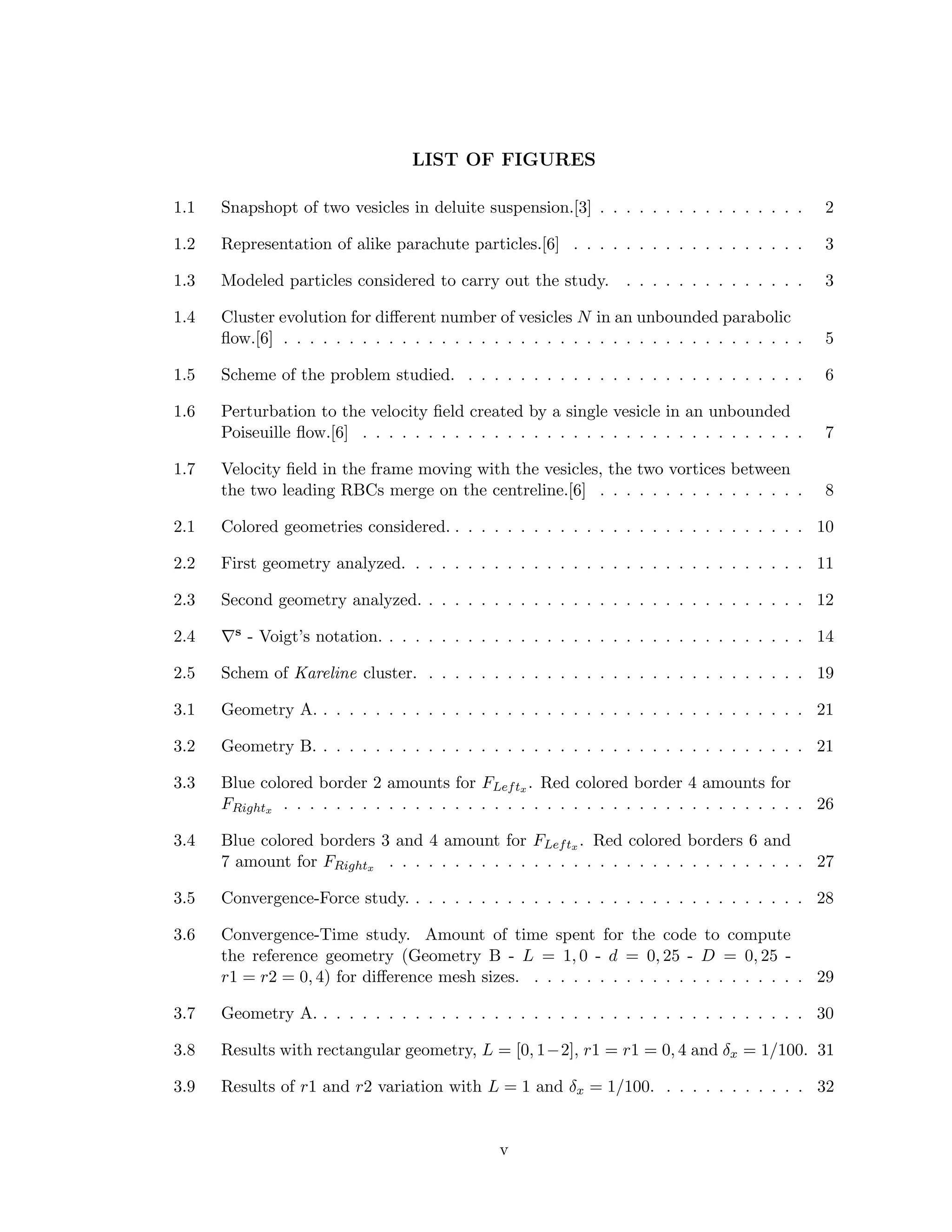 LIST OF FIGURES
1.1 Snapshopt of two vesicles in deluite suspension.[3] . . . . . . . . . . . . . . . . 2
1.2 Representation of alike parachute particles.[6] . . . . . . . . . . . . . . . . . . 3
1.3 Modeled particles considered to carry out the study. . . . . . . . . . . . . . . 3
1.4 Cluster evolution for diﬀerent number of vesicles N in an unbounded parabolic
ﬂow.[6] . . . . . . . . . . . . . . . . . . . . . . . . . . . . . . . . . . . . . . . . 5
1.5 Scheme of the problem studied. . . . . . . . . . . . . . . . . . . . . . . . . . . 6
1.6 Perturbation to the velocity ﬁeld created by a single vesicle in an unbounded
Poiseuille ﬂow.[6] . . . . . . . . . . . . . . . . . . . . . . . . . . . . . . . . . . 7
1.7 Velocity ﬁeld in the frame moving with the vesicles, the two vortices between
the two leading RBCs merge on the centreline.[6] . . . . . . . . . . . . . . . . 8
2.1 Colored geometries considered. . . . . . . . . . . . . . . . . . . . . . . . . . . . 10
2.2 First geometry analyzed. . . . . . . . . . . . . . . . . . . . . . . . . . . . . . . 11
2.3 Second geometry analyzed. . . . . . . . . . . . . . . . . . . . . . . . . . . . . . 12
2.4 s - Voigt’s notation. . . . . . . . . . . . . . . . . . . . . . . . . . . . . . . . . 14
2.5 Schem of Kareline cluster. . . . . . . . . . . . . . . . . . . . . . . . . . . . . . 19
3.1 Geometry A. . . . . . . . . . . . . . . . . . . . . . . . . . . . . . . . . . . . . . 21
3.2 Geometry B. . . . . . . . . . . . . . . . . . . . . . . . . . . . . . . . . . . . . . 21
3.3 Blue colored border 2 amounts for FLeftx . Red colored border 4 amounts for
FRightx . . . . . . . . . . . . . . . . . . . . . . . . . . . . . . . . . . . . . . . . 26
3.4 Blue colored borders 3 and 4 amount for FLeftx . Red colored borders 6 and
7 amount for FRightx . . . . . . . . . . . . . . . . . . . . . . . . . . . . . . . . 27
3.5 Convergence-Force study. . . . . . . . . . . . . . . . . . . . . . . . . . . . . . . 28
3.6 Convergence-Time study. Amount of time spent for the code to compute
the reference geometry (Geometry B - L = 1, 0 - d = 0, 25 - D = 0, 25 -
r1 = r2 = 0, 4) for diﬀerence mesh sizes. . . . . . . . . . . . . . . . . . . . . . 29
3.7 Geometry A. . . . . . . . . . . . . . . . . . . . . . . . . . . . . . . . . . . . . . 30
3.8 Results with rectangular geometry, L = [0, 1−2], r1 = r1 = 0, 4 and δx = 1/100. 31
3.9 Results of r1 and r2 variation with L = 1 and δx = 1/100. . . . . . . . . . . . 32
v
 