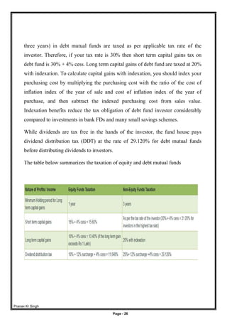 Pranav Kr Singh
Page - 26
three years) in debt mutual funds are taxed as per applicable tax rate of the
investor. Therefore, if your tax rate is 30% then short term capital gains tax on
debt fund is 30% + 4% cess. Long term capital gains of debt fund are taxed at 20%
with indexation. To calculate capital gains with indexation, you should index your
purchasing cost by multiplying the purchasing cost with the ratio of the cost of
inflation index of the year of sale and cost of inflation index of the year of
purchase, and then subtract the indexed purchasing cost from sales value.
Indexation benefits reduce the tax obligation of debt fund investor considerably
compared to investments in bank FDs and many small savings schemes.
While dividends are tax free in the hands of the investor, the fund house pays
dividend distribution tax (DDT) at the rate of 29.120% for debt mutual funds
before distributing dividends to investors.
The table below summarizes the taxation of equity and debt mutual funds
 