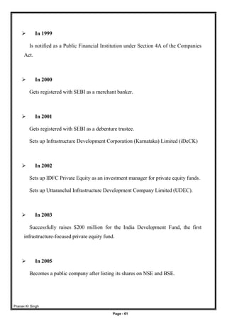 Pranav Kr Singh
Page - 61
 In 1999
Is notified as a Public Financial Institution under Section 4A of the Companies
Act.
 In 2000
Gets registered with SEBI as a merchant banker.
 In 2001
Gets registered with SEBI as a debenture trustee.
Sets up Infrastructure Development Corporation (Karnataka) Limited (iDeCK)
 In 2002
Sets up IDFC Private Equity as an investment manager for private equity funds.
Sets up Uttaranchal Infrastructure Development Company Limited (UDEC).
 In 2003
Successfully raises $200 million for the India Development Fund, the first
infrastructure-focused private equity fund.
 In 2005
Becomes a public company after listing its shares on NSE and BSE.
 
