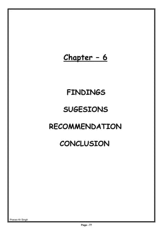 Pranav Kr Singh
Page - 77
Chapter – 6
FINDINGS
SUGESIONS
RECOMMENDATION
CONCLUSION
 
