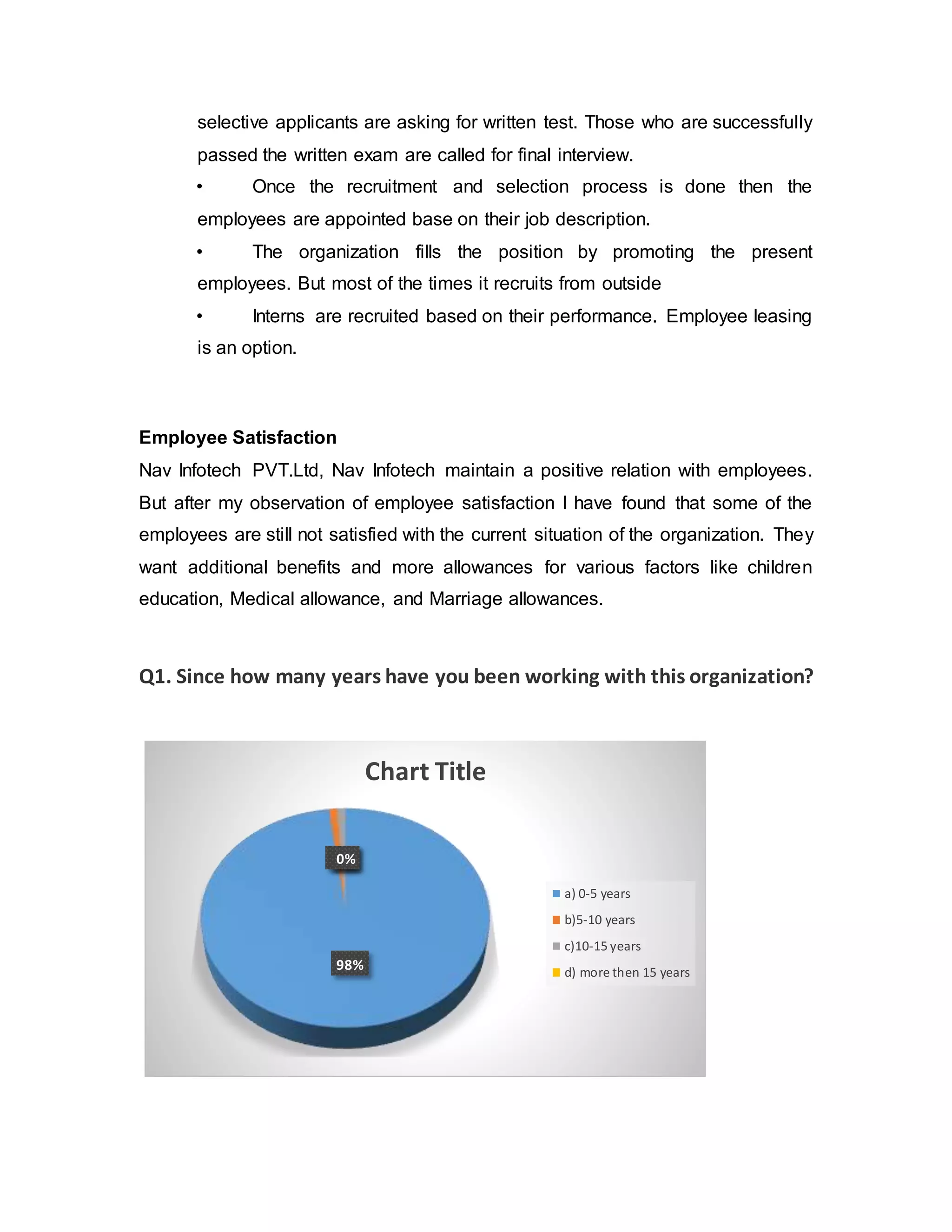 selective applicants are asking for written test. Those who are successfully
passed the written exam are called for final interview.
• Once the recruitment and selection process is done then the
employees are appointed base on their job description.
• The organization fills the position by promoting the present
employees. But most of the times it recruits from outside
• Interns are recruited based on their performance. Employee leasing
is an option.
Employee Satisfaction
Nav Infotech PVT.Ltd, Nav Infotech maintain a positive relation with employees.
But after my observation of employee satisfaction I have found that some of the
employees are still not satisfied with the current situation of the organization. They
want additional benefits and more allowances for various factors like children
education, Medical allowance, and Marriage allowances.
Q1. Since how many years have you been working with this organization?
98%
1%1%0%
Chart Title
a) 0-5 years
b)5-10 years
c)10-15 years
d) more then 15 years
 