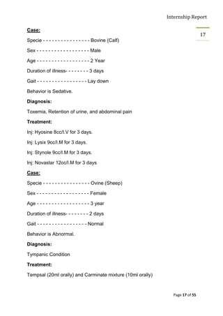 Internship Report

Case:
                                                                              17
Specie - - - - - - - - - - - - - - - - Bovine (Calf)

Sex - - - - - - - - - - - - - - - - - - Male

Age - - - - - - - - - - - - - - - - - - 2 Year

Duration of illness- - - - - - - - 3 days

Gait - - - - - - - - - - - - - - - - - Lay down

Behavior is Sedative.

Diagnosis:

Toxemia, Retention of urine, and abdominal pain

Treatment:

Inj: Hyosine 8cc/I.V for 3 days.

Inj: Lysix 9cc/I.M for 3 days.

Inj: Stynole 9cc/I.M for 3 days.

Inj: Novastar 12cc/I.M for 3 days

Case:

Specie - - - - - - - - - - - - - - - - Ovine (Sheep)

Sex - - - - - - - - - - - - - - - - - - Female

Age - - - - - - - - - - - - - - - - - - 3 year

Duration of illness- - - - - - - - 2 days

Gait - - - - - - - - - - - - - - - - - Normal

Behavior is Abnormal.

Diagnosis:

Tympanic Condition

Treatment:

Tempsal (20ml orally) and Carminate mixture (10ml orally)



                                                              Page 17 of 55
 