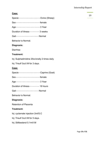Internship Report

Case:
                                                                          19
Specie - - - - - - - - - - - - - - - - Ovine (Sheep)

Sex - - - - - - - - - - - - - - - - - - female

Age - - - - - - - - - - - - - - - - - - 3 Year

Duration of illness- - - - - - - - 3 weeks

Gait - - - - - - - - - - - - - - - - - Normal

Behavior is Normal.

Diagnosis:

Diarrhea

Treatment:

Inj: Sulphadimidine 20cc/orally 2 times daily

Inj: Trisulf 3cc/I.M for 3 days.

Case:

Specie - - - - - - - - - - - - - - - - Caprine (Goat)

Sex - - - - - - - - - - - - - - - - - - female

Age - - - - - - - - - - - - - - - - - - 3 Year

Duration of illness- - - - - - - - 18 hours

Gait - - - - - - - - - - - - - - - - - Normal

Behavior is Normal.

Diagnosis:

Retention of Placenta

Treatment:

Inj: cyclamate injection 2ml/S.C

Inj: Trisulf 3cc/I.M for 5 days.

Inj: Stillbesterol 0.1ml/I.M



                                                          Page 19 of 55
 