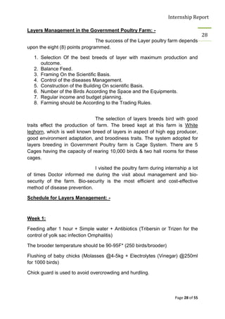 Internship Report

Layers Management in the Government Poultry Farm: -
                                                                                     28
                                The success of the Layer poultry farm depends
upon the eight (8) points programmed.

   1. Selection Of the best breeds of layer with maximum production and
      outcome.
   2. Balance Feed.
   3. Framing On the Scientific Basis.
   4. Control of the diseases Management.
   5. Construction of the Building On scientific Basis.
   6. Number of the Birds According the Space and the Equipments.
   7. Regular income and budget planning.
   8. Farming should be According to the Trading Rules.


                               The selection of layers breeds bird with good
traits effect the production of farm. The breed kept at this farm is White
leghorn, which is well known breed of layers in aspect of high egg producer,
good environment adaptation, and broodiness traits. The system adopted for
layers breeding in Government Poultry farm is Cage System. There are 5
Cages having the capacity of rearing 10,000 birds & two hall rooms for these
cages.

                              I visited the poultry farm during internship a lot
of times Doctor informed me during the visit about management and bio-
security of the farm. Bio-security is the most efficient and cost-effective
method of disease prevention.

Schedule for Layers Management: -



Week 1:

Feeding after 1 hour + Simple water + Antibiotics (Tribersin or Trizen for the
control of yolk sac infection Omphalitis)

The brooder temperature should be 90-95F* (250 birds/brooder)

Flushing of baby chicks (Molasses @4-5kg + Electrolytes (Vinegar) @250ml
for 1000 birds)

Chick guard is used to avoid overcrowding and hurdling.




                                                                     Page 28 of 55
 