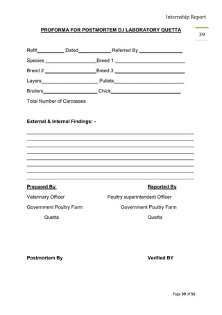Internship Report

      PROFORMA FOR POSTMORTEM D.I LABORATORY QUETTA
                                                                                   39


Ref#__________ Dated____________ Referred By ________________

Species ___________________Breed 1 __________________________

Breed 2 ___________________Breed 3 __________________________

Layers_____________________ Pullets__________________________

Broilers____________________ Chick__________________________

Total Number of Carcasses



External & Internal Findings: -

______________________________________________________________
______________________________________________________________
______________________________________________________________
______________________________________________________________
______________________________________________________________
______________________________________________________________
______________________________________________________________
______________________________________________________________

Prepared By                                         Reported By

Veterinary Officer                Poultry superintendent Officer

Government Poultry Farm                 Government Poultry Farm

        Quetta                                      Quetta




Postmortem By                                       Verified BY




                                                                   Page 39 of 55
 