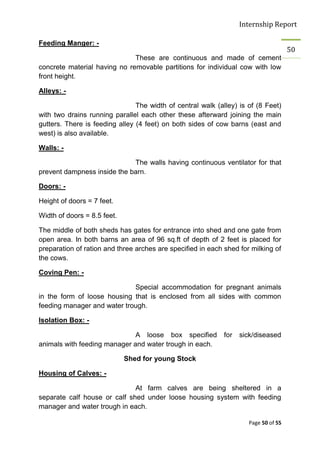 Internship Report

Feeding Manger: -
                                                                                     50
                              These are continuous and made of cement
concrete material having no removable partitions for individual cow with low
front height.

Alleys: -

                                The width of central walk (alley) is of (8 Feet)
with two drains running parallel each other these afterward joining the main
gutters. There is feeding alley (4 feet) on both sides of cow barns (east and
west) is also available.

Walls: -

                             The walls having continuous ventilator for that
prevent dampness inside the barn.

Doors: -

Height of doors = 7 feet.

Width of doors = 8.5 feet.

The middle of both sheds has gates for entrance into shed and one gate from
open area. In both barns an area of 96 sq.ft of depth of 2 feet is placed for
preparation of ration and three arches are specified in each shed for milking of
the cows.

Coving Pen: -

                             Special accommodation for pregnant animals
in the form of loose housing that is enclosed from all sides with common
feeding manager and water trough.

Isolation Box: -

                              A loose box specified          for   sick/diseased
animals with feeding manager and water trough in each.

                             Shed for young Stock

Housing of Calves: -

                              At farm calves are being sheltered in a
separate calf house or calf shed under loose housing system with feeding
manager and water trough in each.

                                                                     Page 50 of 55
 