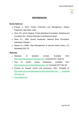 Internship Report


                                                                                      55

                              REFERENCES

Books Referred
     Prasad, J., 2010. Poultry Production and Management. Kalyani
     Publishers, New Delhi, India.
     Khan, M.I. and S. Mughal., Poultry Breeding & Incubation, Breeding and
     Incubation Div., Poultry Production and Research Sindh.
     Shah, S.I., 1994. Animal Husbandry. National Book Foundation,
     Islamabad, Pakistan.
     Naeem K.( (1998). Feed Management of day-old chicks (Urdu). VC-
     Newsletter,5(2):7-8.

Websites
     Diseases       of        domestic    animals.        Available         from:
     http://www.thedomesticanimalssite.com. Accessed 2011 Sept 30.
     Tips    on     poultry     raising   introduction.    Available        from:
     http://www.da.gov.ph/dawebsite/poultry1.pdf. Accessed 2011 Dec 22.
     Centers for disease control and prevention; 2001. Available at:
     http://www.cdc.gov/drugresistance/actionplane/index.htm.         Accessed
     2011 Dec 22.
     www.google.com




                                                                      Page 55 of 55
 