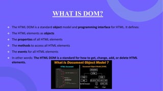 WHAT IS DOM?
❖ The HTML DOM is a standard object model and programming interface for HTML. It defines:
❖ The HTML elements as objects
❖ The properties of all HTML elements
❖ The methods to access all HTML elements
❖ The events for all HTML elements
❖ In other words: The HTML DOM is a standard for how to get, change, add, or delete HTML
elements.
 