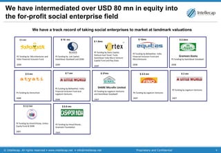 We have intermediated over USD 80 mn in equity into the for-profit social enterprise field We have a track record of taking social enterprises to market at landmark valuations PE funding by Bellwether, India Financial Inclusion Fund and MicroVentures  2008 $ 12mn PE funding by  MicroVentures and India Financial Inclusion Fund 2009 $ 5 mn PE funding by  Lok Capital, Aavishkaar Goodwell and SIDBI 2009 $ 10  mn PE funding by Bellwether, India Financial Inclusion Fund and  Legatum Ventures 2008 $ 7 mn PE funding by Aavishkaar Goodwell 2008 Grameen Koota $ 2.3mn PE funding by VenturEast  2008 $ 5 mn PE funding by Legatum Ventures and Aavishkaar Goodwell 2007 SHARE Microfin Limited $ 27mn PE funding by Legatum Ventures 2007 $ 4.5 mn PE funding by Vinod Khosla , Grameen Foundation 2005 $ 0.5 mn PE funding by Legatum Ventures 2007 $ 2 mn PE funding by Vinod Khosla, Unitus Equity Fund & SIDBI 2007 $ 3.2 mn $ 1.5mn PE funding by Oasis Capital, Venture East Tenet  Fund, Aavishkaar India Micro Venture Capital Fund and Ray Stata 2009 