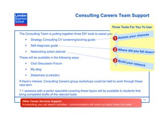 Consulting Careers Team Support

                                                                             Three Tools For You To Use:

The Consulting Team is putting together three DIY tools to assist you:
                                                                                             ur ch ances
                                                                               1   Assess yo
        Strategy Consulting CV screening/scoring guide
        Self-diagnosis guide
        Networking action planner
                                                                               2   Where did you
                                                                                                   fall down?

These will be available in the following ways:
                                                                               3 Build yo
        Club Discussion Forum                                                            ur netw
                                                                                                  ork
        My blog
        Slideshare (LinkedIn)
If there’s interest, Consulting Careers group workshops could be held to work through these
next term
1:1 sessions with a sector specialist covering these topics will be available to students that
bring completed drafts of the relevant tools
                                                                                                     11
  Other Career Services Support:
  Accelerating your job search activities – communications will come out about these this week
 