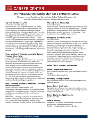 CAREER CENTER
www.studentaffairs.duke.edu/career
Internship Spotlight Series: Start-ups & Entrepreneurship
All sources can be found in the Career Center Online Tools and Resources list
at studentaffairs.duke.edu/career/online-tools-resources
Gig Tank (Chattanooga, TN)
source: iNet Internship Database
Gig Tank Student Track is a part think tank, part startup
training ground. Our mission is to develop both the next
wave of disruptive technologies, but also the amazing
humans who will build those prototypes. It doesn’t hurt that
here in beautiful Chattanooga, TN, we have the largest and
fastest gigabit fiber network in the Western Hemisphere.
Successful applicants receive free housing and a $3000
stipend. Participants gain real-world experience through the
conception, build, and launch of an original product while
wearing many hats. Simultaneously, students delve deeper
into their chosen concentration, collaborating with local
partners to develop apprenticeships. Participants will leave
Gig Tank with a compelling portfolio and a wide professional
network.
Young Leaders of Tomorrow Leadership Summer
Program (Hong Kong)
source: UCAN Internship Database
You will work with Agnes Kong and Yvonne Chu, seasoned
finance professionals and now founders of The Open
Classroom (www.theopenclassroom.com.hk), and Huijin
Kong, seasoned strategy and leadership consultant,
executive, and now entrepreneur, to pioneer an innovative
experiential leadership program for high school students.
Huijin, Agnes, and Yvonne have all left successful professional
services careers to find fun ways to support children and
younger adults to learn core skills and knowledge needed
for a successful and fulfilling life - communication and
interpersonal skills, exposure to different careers, leadership
mindset, self-understanding, among others.
Hart Leadership Program, Enterprising Leadership
Initiative (various)
source: Experiential Opportunities at Duke
ELI Incubator: Faculty and staff work directly with students
implementing compelling projects by providing mentorship,
coaching, access to additional advisors and financial
resources.
ELI Summer Leadership Accelerator: Undergraduates are
placed in challenging internships across the country, often
with ELI alumni as their supervisors. Students receive
coaching and support from ELI staff and faculty and a stipend.
The LAB Miami (Miami, FL)
source: eRecruiting
Intern to support a growing entrepreneurial community while
using 20+ hours to incubate your own ideas at the LAB Miami,
a 10,000 sqft coworking space in the Wynwood arts district.
Compensation includes two months free housing at a 5 star
hotel, and use of car and bike-sharing service.
Change.Org (New Delhi, India)
source: GoinGlobal
Change.org India is looking for young people for an internship
position. The position will be based out of New Delhi. Previous
experience is preferable but not necessary. Change.org is
an online platform that allows people anywhere to start
campaigns on issues they are concerned about from diverse
areas like animal rights to economic justice issues.
Intern Responsibilities include monitoring news around
campaigns, preparing briefs around key issues, reaching out
to communities of passionate people, researching around
campaigns, maintenance of media data, maintenance of
task sheets, arranging logisitics for events, helping with
administrative tasks around the office
Career Center Programs and Services
Online Career Center Resources
http://studentaffairs.duke.edu/career/online-tools-resources
See also:
• Skills Guides: Internship Guide
Internship Funding Program
http://studentaffairs.duke.edu/career/programs#node-884
Deadline: March 1
Career Center Email Lists
Sign up for Career News to find out about related events and
opportunities (login to duke.experience.com and go to profile
> edit > administration)
Career Counseling Appointments
Call 919.660.1050
Drop-In Advising
Quick advice on resumes and cover letters, internship
questions, etc. without an appointment.
Monday – Friday at the Career Center: 2 – 5pm
 