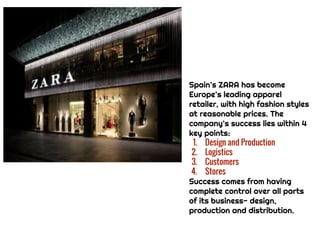 Spain’s ZARA has become
Europe’s leading apparel
retailer, with high fashion styles
at reasonable prices. The
company’s success lies within 4
key points:
1. Design and Production
2. Logistics
3. Customers
4. Stores
Success comes from having
complete control over all parts
of its business- design,
production and distribution.
 