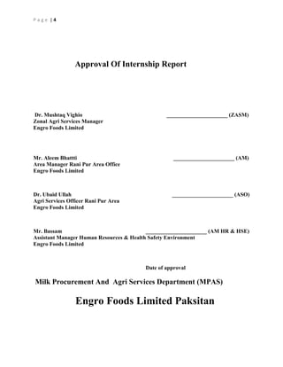 Page |4

Approval Of Internship Report

Dr. Mushtaq Vighio
Zonal Agri Services Manager
Engro Foods Limited

______________________ (ZASM)

Mr. Aleem Bhattti
Area Manager Rani Pur Area Office
Engro Foods Limited

______________________ (AM)

Dr. Ubaid Ullah
Agri Services Officer Rani Pur Area
Engro Foods Limited

______________________ (ASO)

Mr. Bassam
______________________ (AM HR & HSE)
Assistant Manager Human Resources & Health Safety Environment
Engro Foods Limited

Date of approval

Milk Procurement And Agri Services Department (MPAS)

Engro Foods Limited Paksitan

 