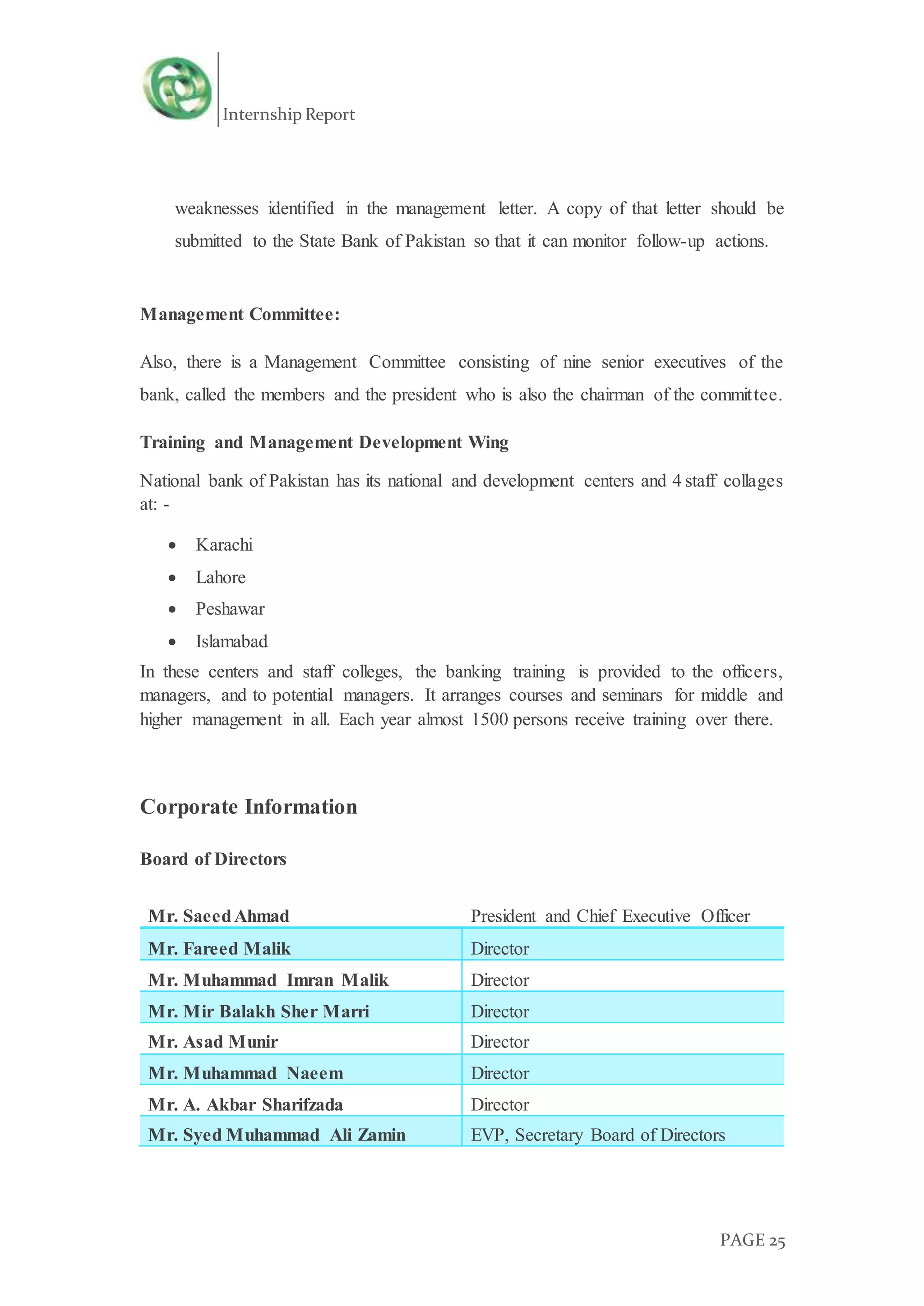 Internship Report
PAGE 25
weaknesses identified in the management letter. A copy of that letter should be
submitted to the State Bank of Pakistan so that it can monitor follow-up actions.
Management Committee:
Also, there is a Management Committee consisting of nine senior executives of the
bank, called the members and the president who is also the chairman of the committee.
Training and Management Development Wing
National bank of Pakistan has its national and development centers and 4 staff collages
at: -
 Karachi
 Lahore
 Peshawar
 Islamabad
In these centers and staff colleges, the banking training is provided to the officers,
managers, and to potential managers. It arranges courses and seminars for middle and
higher management in all. Each year almost 1500 persons receive training over there.
Corporate Information
Board of Directors
Mr. SaeedAhmad President and Chief Executive Officer
Mr. Fareed Malik Director
Mr. Muhammad Imran Malik Director
Mr. Mir Balakh Sher Marri Director
Mr. Asad Munir Director
Mr. Muhammad Naeem Director
Mr. A. Akbar Sharifzada Director
Mr. Syed Muhammad Ali Zamin EVP, Secretary Board of Directors
 