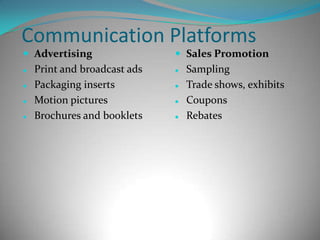 THINGS TO BE CONSIDEREDProduct	Place	Promotion	PriceQuality	Channels	Advertising	List priceFeatures	Coverage	Personal selling	DiscountsOptions	Locations	Sales promotion	Payment periodsStyle	Inventory	Publicity	Credit termsBrand name	Transport		PackagingSizesServicesWarrantiesReturns