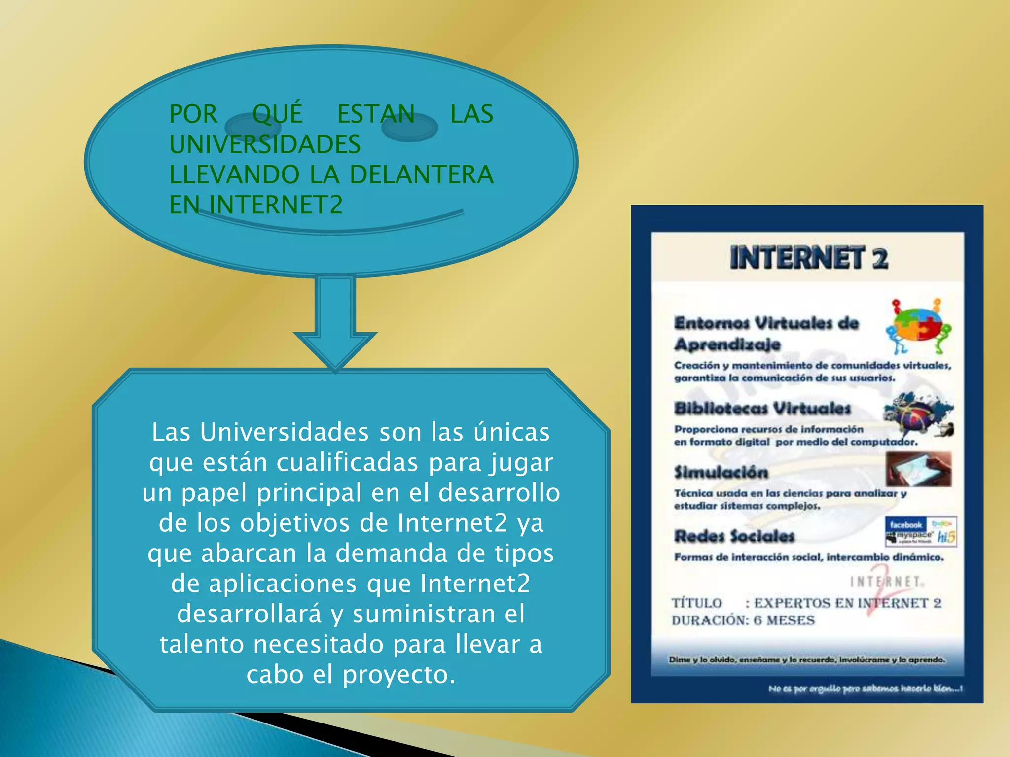 POR QUÉ ESTAN LAS
  UNIVERSIDADES
  LLEVANDO LA DELANTERA
  EN INTERNET2




 Las Universidades son las únicas
que están cualificadas para jugar
un papel principal en el desarrollo
  de los objetivos de Internet2 ya
que abarcan la demanda de tipos
   de aplicaciones que Internet2
    desarrollará y suministran el
  talento necesitado para llevar a
         cabo el proyecto.
 