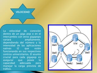 VELOCIDAD




La velocidad de conexión
dentro de un giga pop o en el
intercambio con otros gigapops
variará            ampliamente,
dependiendo del número y la
intensidad de las aplicaciones
nativas    I2      que      estén
funcionando en sus respectivos
centros universitarios. El asunto
crucial para cada gigapop es
asegurar    que      posee      la
capacidad     adecuada       para
manejar la carga prevista de
tráfico.
 