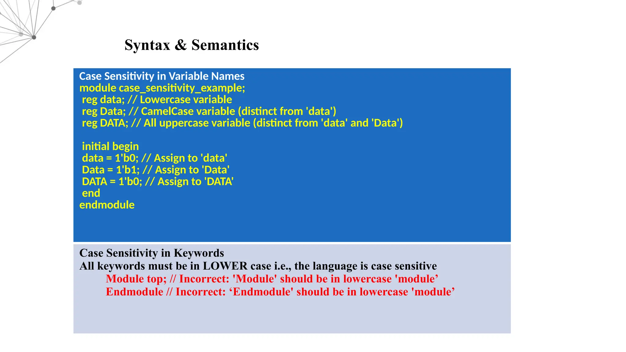 Case Sensitivity in Variable Names module case_sensitivity_example; reg data; // Lowercase variable reg Data; // CamelCase variable (distinct from 'data') reg DATA; // All uppercase variable (distinct from 'data' and 'Data') initial begin data = 1'b0; // Assign to 'data' Data = 1'b1; // Assign to 'Data' DATA = 1'b0; // Assign to 'DATA' end endmodule Case Sensitivity in Keywords All keywords must be in LOWER case i.e., the language is case sensitive Module top; // Incorrect: 'Module' should be in lowercase 'module’ Endmodule // Incorrect: ‘Endmodule' should be in lowercase 'module’ Syntax & Semantics 