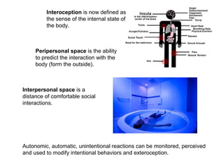 Interoception is now defined as
the sense of the internal state of
the body.
Peripersonal space is the ability
to predict the interaction with the
body (form the outside).
Interpersonal space is a
distance of comfortable social
interactions.
Autonomic, automatic, unintentional reactions can be monitored, perceived
and used to modify intentional behaviors and exteroception.
 