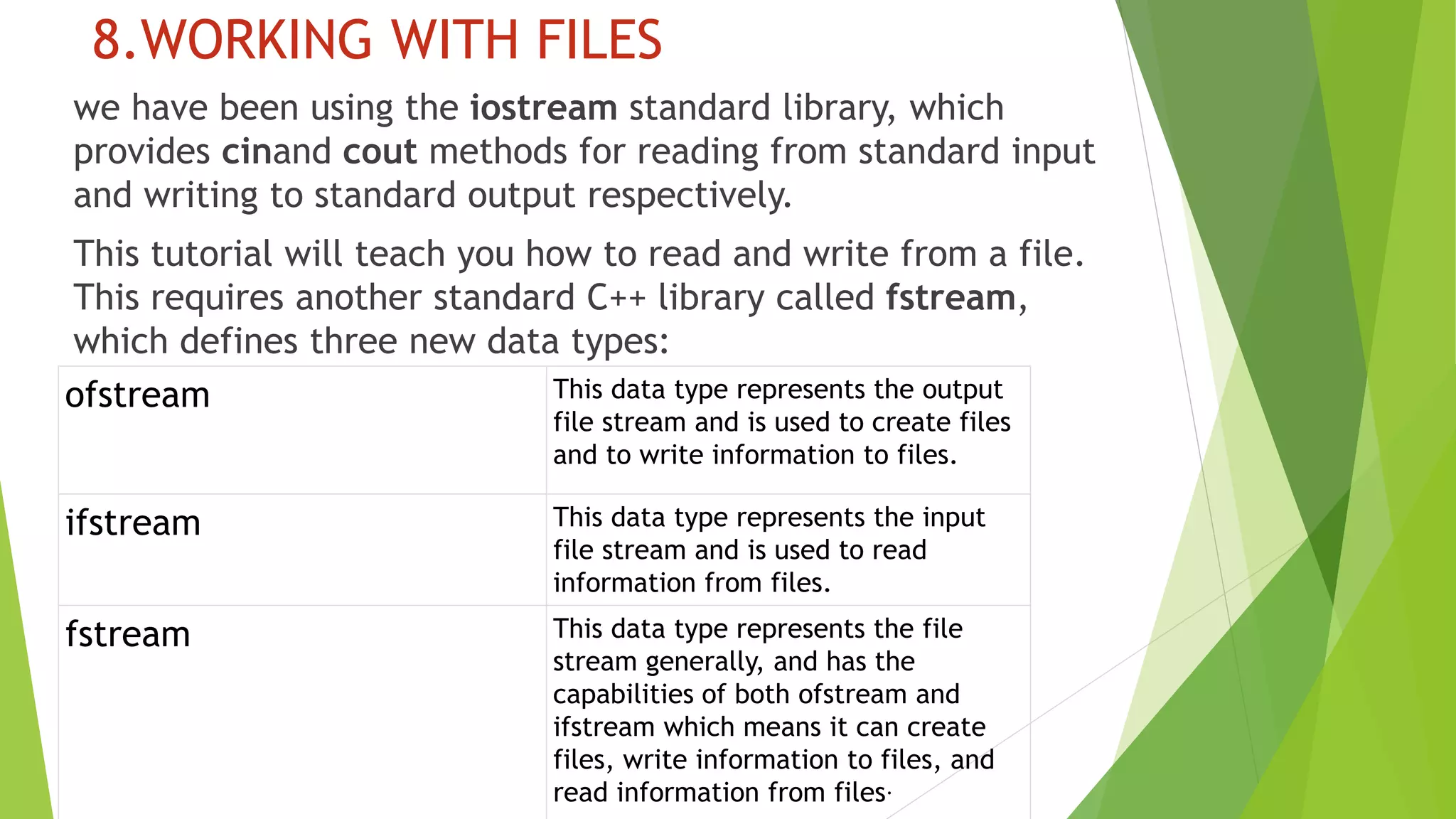 8.WORKING WITH FILES
we have been using the iostream standard library, which
provides cinand cout methods for reading from standard input
and writing to standard output respectively.
This tutorial will teach you how to read and write from a file.
This requires another standard C++ library called fstream,
which defines three new data types:
ofstream This data type represents the output
file stream and is used to create files
and to write information to files.
ifstream This data type represents the input
file stream and is used to read
information from files.
fstream This data type represents the file
stream generally, and has the
capabilities of both ofstream and
ifstream which means it can create
files, write information to files, and
read information from files.
 