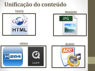 Unificação do conteúdo
TEXTO IMAGEM
VÍDEO ÁUDIO
 