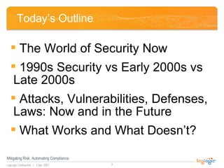 Today’s Outline <ul><li>The World of Security Now </li></ul><ul><li>1990s Security vs Early 2000s vs Late 2000s </li></ul>...