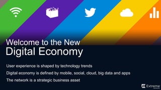 ©2014 Extreme Networks, Inc. All rights reserved.
Digital Economy
Welcome to the New
User experience is shaped by technology trends
Digital economy is defined by mobile, social, cloud, big data and apps
The network is a strategic business asset
 