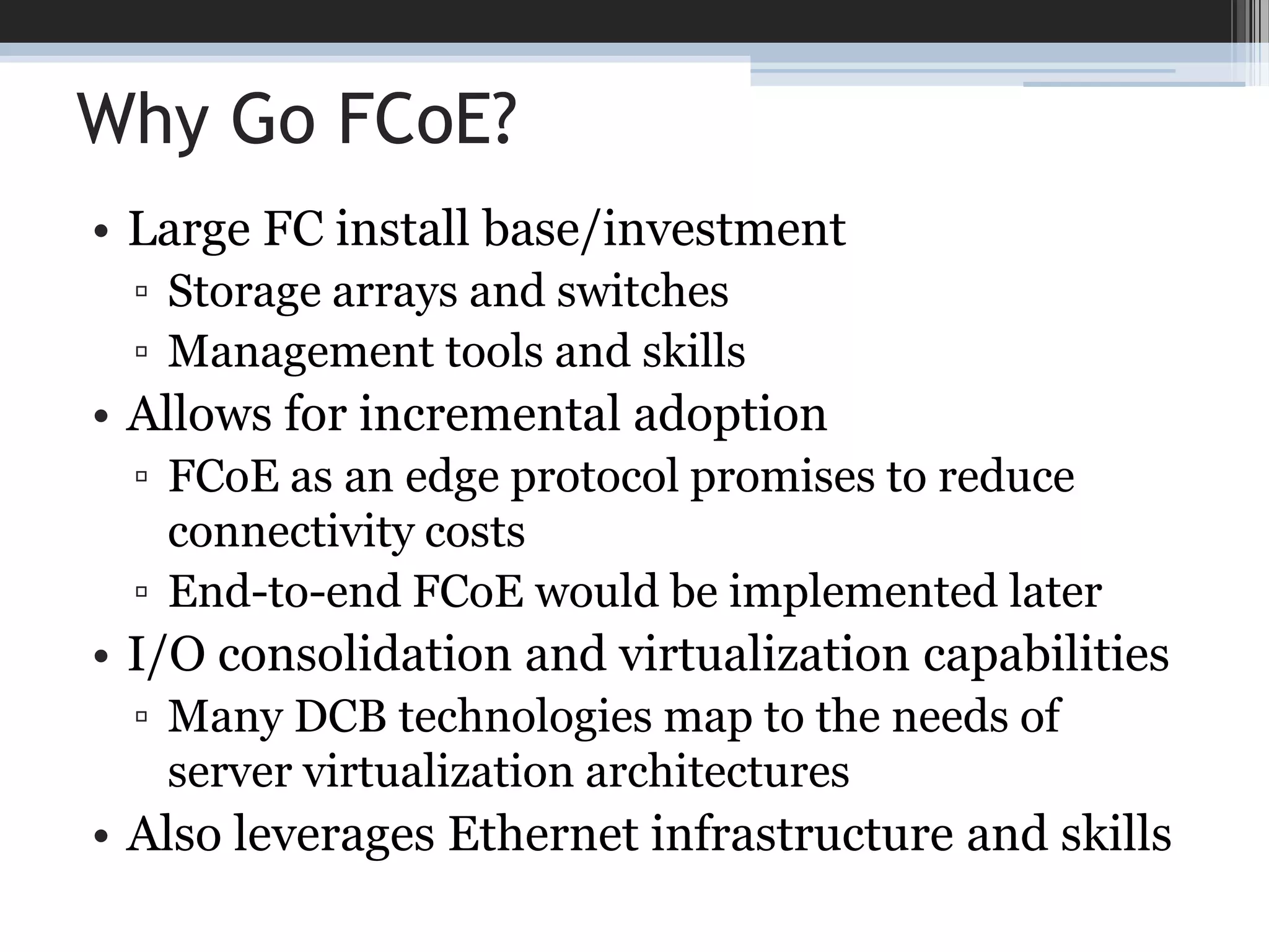 SAN History: SCSIEarly storage protocols were system-dependent and short distanceMicrocomputers used internal ST-506 disksMainframes used external bus-and-tag storageSCSI allowed systems to use external disksBlock protocol, one-to-many communicationExternal enclosures, RAIDReplaced ST-506 and ESDI in UNIX systemsSAS dominates in servers; PCs use IDE (SATA)Copyright 2006, GlassHouse Technologies