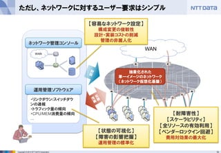 10Copyright ? 2013 NTT DATA Corporation
ȴΥͥåȥ`ץ饤󥹤νU
Red Hat
Enterprise Linux 6
VM
Brocade Vyatta
ȴΥͥåȥ`ץ饤󥹤ڤ˽Uɿ
OpenFlowend-to-endΥ?gܞͤgFĤġ
Load Balancing, SPI(Stateful Packet Inspection) FWʤɤȤä
gFy߶Ȥʥȥեå⁢ͥåȥ`˽Mz
󥿩`ץ饤IǱҪȤʤ
VRRP/HSRPʤɤL
ץ饤uƷMz߿
ǥ#1VyattaWeb I/Fˤƥȥեå
ƤΤҊƤߤ褦
ǥ#2 Vyattaե륪`ФƤߤ褦
 