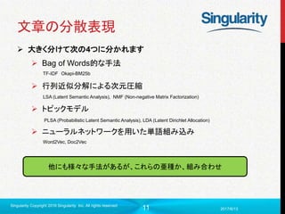 11
文章の分散表現
 大きく分けて次の4つに分かれます
 Bag of Words的な手法
 行列近似分解による次元圧縮
 トピックモデル
 ニューラルネットワークを用いた単語組み込み
2017/6/13
Singularity Copyright 2016 Singularity Inc. All rights reserved
TF-IDF Okapi-BM25b
LSA (Latent Semantic Analysis), NMF (Non-negative Matrix Factorization)
PLSA (Probabilistic Latent Semantic Analysis), LDA (Latent Dirichlet Allocation)
Word2Vec, Doc2Vec
他にも様々な手法があるが、これらの亜種か、組み合わせ
 