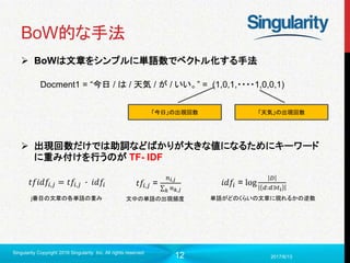 12
BoW的な手法
 BoWは文章をシンプルに単語数でベクトル化する手法
 出現回数だけでは助詞などばかりが大きな値になるためにキーワード
に重み付けを行うのが TF- IDF
2017/6/13
Singularity Copyright 2016 Singularity Inc. All rights reserved
Docment1 = “今日 / は / 天気 / が / いい。” = (1,0,1,・・・・1,0,0,1)
「今日」の出現回数 「天気」の出現回数
𝑡𝑓𝑖𝑑𝑓𝑖,𝑗 = 𝑡𝑓𝑖,𝑗 ∙ 𝑖𝑑𝑓𝑖
j番目の文章の各単語の重み
𝑡𝑓𝑖,𝑗 =
𝑛𝑖,𝑗
𝑘 𝑛 𝑘,𝑗
文中の単語の出現頻度
𝑖𝑑𝑓𝑖 = log
𝐷
𝑑:𝑑∋𝑡𝑖
単語がどのくらいの文章に現れるかの逆数
 