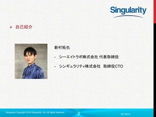 2 2017/6/13
Singularity Copyright 2016 Singularity Inc. All rights reserved
 自己紹介
新村拓也
- シーエイトラボ株式会社 代表取締役
- シンギュラリティ株式会社 取締役CTO
 