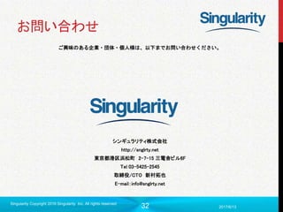 32
お問い合わせ
ご興味のある企業・団体・個人様は、以下までお問い合わせください。
シンギュラリティ株式会社
http://snglrty.net
東京都港区浜松町 2-7-15 三電舎ビル6F
Tel 03-5425-2545
取締役/CTO 新村拓也
E-mail：info@snglrty.net
2017/6/13
Singularity Copyright 2016 Singularity Inc. All rights reserved
 