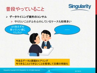 4
普段やっていること
 データマイニング案件のコンサル
 やりたいことがふわふわしているケースも結構多い
2017/6/13
Singularity Copyright 2016 Singularity Inc. All rights reserved
とりあえずAI
使っていい感じ
にしたい
・・・・
今あるデータと課題をヒアリング
今できることとできないことを整理して目標の明確化
 
