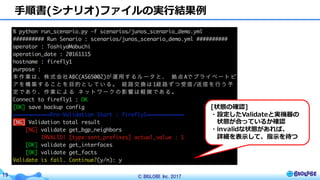 © BIGLOBE Inc. 201719
⼿順書(シナリオ)ファイルの実⾏結果例
[状態の確認]
・設定したValidateと実機器の
状態が合っているか確認
・invalidな状態があれば、
詳細を表⽰して、指⽰を待つ
 