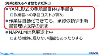 © BIGLOBE Inc. 201726
lYAML形式の⼿順書⾃体は⼿書き
p作業者への学習コストが⾼め
l作業は⾃動化できても、承認依頼や⼿順
書管理は既存のまま
lNAPALMは発展途上中
pまだ微妙に⾜りない機能もあったりする
(再掲)超えるべき壁もまだ沢⼭
 