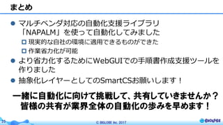 © BIGLOBE Inc. 201735
l マルチベンダ対応の⾃動化⽀援ライブラリ
「NAPALM」を使って⾃動化してみました
p 現実的な⾃社の環境に適⽤できるものができた
p 作業省⼒化が可能
l より省⼒化するためにWebGUIでの⼿順書作成⽀援ツールを
作りました
l 抽象化レイヤーとしてのSmartCSお願いします！
まとめ
一緒に自動化に向けて挑戦して、共有していきませんか？
皆様の共有が業界全体の自動化の歩みを早めます！
 