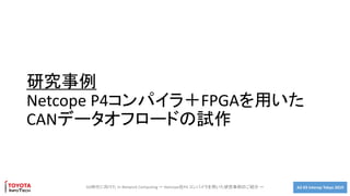 A2-03 Interop Tokyo 2019
研究事例
Netcope P4コンパイラ＋FPGAを用いた
CANデータオフロードの試作
5G時代に向けた In Network Computing ～ Netcope社P4 コンパイラを用いた研究事例のご紹介 ～
 