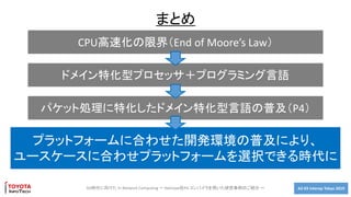 A2-03 Interop Tokyo 20195G時代に向けた In Network Computing ～ Netcope社P4 コンパイラを用いた研究事例のご紹介 ～
まとめ
CPU高速化の限界（End of Moore’s Law）
ドメイン特化型プロセッサ＋プログラミング言語
パケット処理に特化したドメイン特化型言語の普及（P4）
プラットフォームに合わせた開発環境の普及により、
ユースケースに合わせプラットフォームを選択できる時代に
 