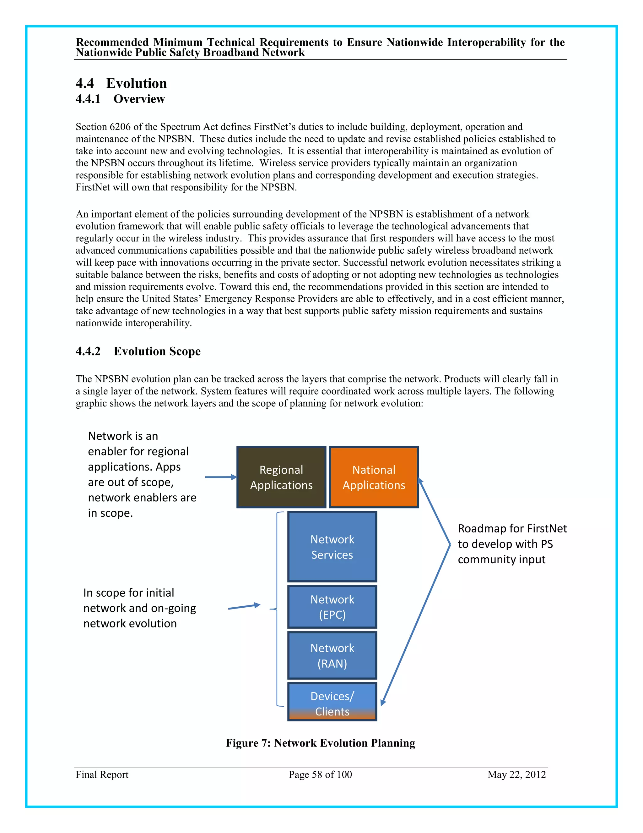 Recommended Minimum Technical Requirements to Ensure Nationwide Interoperability for the
Nationwide Public Safety Broadband Network

4.4 Evolution
4.4.1 Overview

Section 6206 of the Spectrum Act defines FirstNet‘s duties to include building, deployment, operation and
maintenance of the NPSBN. These duties include the need to update and revise established policies established to
take into account new and evolving technologies. It is essential that interoperability is maintained as evolution of
the NPSBN occurs throughout its lifetime. Wireless service providers typically maintain an organization
responsible for establishing network evolution plans and corresponding development and execution strategies.
FirstNet will own that responsibility for the NPSBN.

An important element of the policies surrounding development of the NPSBN is establishment of a network
evolution framework that will enable public safety officials to leverage the technological advancements that
regularly occur in the wireless industry. This provides assurance that first responders will have access to the most
advanced communications capabilities possible and that the nationwide public safety wireless broadband network
will keep pace with innovations occurring in the private sector. Successful network evolution necessitates striking a
suitable balance between the risks, benefits and costs of adopting or not adopting new technologies as technologies
and mission requirements evolve. Toward this end, the recommendations provided in this section are intended to
help ensure the United States‘ Emergency Response Providers are able to effectively, and in a cost efficient manner,
take advantage of new technologies in a way that best supports public safety mission requirements and sustains
nationwide interoperability.

4.4.2 Evolution Scope

The NPSBN evolution plan can be tracked across the layers that comprise the network. Products will clearly fall in
a single layer of the network. System features will require coordinated work across multiple layers. The following
graphic shows the network layers and the scope of planning for network evolution:


  Network is an
  enabler for regional
  applications. Apps                       Regional              National
  are out of scope,                       Applications          Applications
  network enablers are
  in scope.
                                                                                            Roadmap for FirstNet
                                                        Network                             to develop with PS
                                                        Services                            community input

 In scope for initial
                                                        Network
 network and on-going
                                                         (EPC)
 network evolution
                                                        Network
                                                         (RAN)

                                                        Devices/
                                                         Clients

                                    Figure 7: Network Evolution Planning

Final Report                                       Page 58 of 100                                  May 22, 2012
 