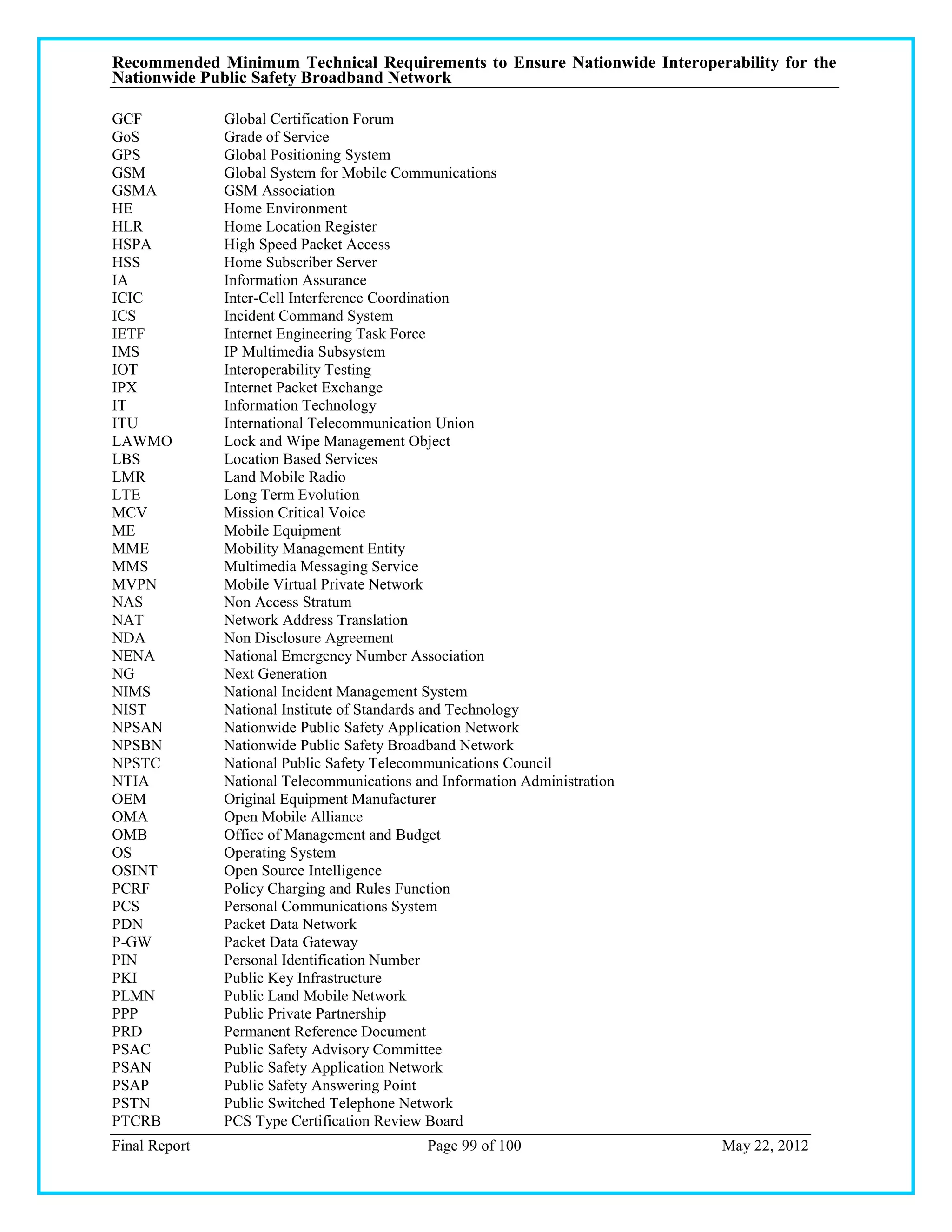Recommended Minimum Technical Requirements to Ensure Nationwide Interoperability for the
Nationwide Public Safety Broadband Network

GCF            Global Certification Forum
GoS            Grade of Service
GPS            Global Positioning System
GSM            Global System for Mobile Communications
GSMA           GSM Association
HE             Home Environment
HLR            Home Location Register
HSPA           High Speed Packet Access
HSS            Home Subscriber Server
IA             Information Assurance
ICIC           Inter-Cell Interference Coordination
ICS            Incident Command System
IETF           Internet Engineering Task Force
IMS            IP Multimedia Subsystem
IOT            Interoperability Testing
IPX            Internet Packet Exchange
IT             Information Technology
ITU            International Telecommunication Union
LAWMO          Lock and Wipe Management Object
LBS            Location Based Services
LMR            Land Mobile Radio
LTE            Long Term Evolution
MCV            Mission Critical Voice
ME             Mobile Equipment
MME            Mobility Management Entity
MMS            Multimedia Messaging Service
MVPN           Mobile Virtual Private Network
NAS            Non Access Stratum
NAT            Network Address Translation
NDA            Non Disclosure Agreement
NENA           National Emergency Number Association
NG             Next Generation
NIMS           National Incident Management System
NIST           National Institute of Standards and Technology
NPSAN          Nationwide Public Safety Application Network
NPSBN          Nationwide Public Safety Broadband Network
NPSTC          National Public Safety Telecommunications Council
NTIA           National Telecommunications and Information Administration
OEM            Original Equipment Manufacturer
OMA            Open Mobile Alliance
OMB            Office of Management and Budget
OS             Operating System
OSINT          Open Source Intelligence
PCRF           Policy Charging and Rules Function
PCS            Personal Communications System
PDN            Packet Data Network
P-GW           Packet Data Gateway
PIN            Personal Identification Number
PKI            Public Key Infrastructure
PLMN           Public Land Mobile Network
PPP            Public Private Partnership
PRD            Permanent Reference Document
PSAC           Public Safety Advisory Committee
PSAN           Public Safety Application Network
PSAP           Public Safety Answering Point
PSTN           Public Switched Telephone Network
PTCRB          PCS Type Certification Review Board
Final Report                                 Page 99 of 100                 May 22, 2012
 