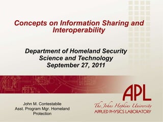 Concepts on Information Sharing and Interoperability Department of Homeland Security Science and Technology September 27, 2011 John M. Contestabile Asst. Program Mgr. Homeland Protection 