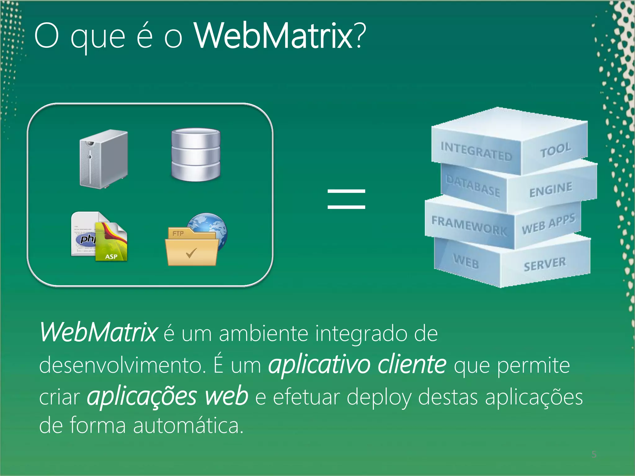 O que é o WebMatrix?




                            =
WebMatrix é um ambiente integrado de
desenvolvimento. É um aplicativo cliente que permite
criar aplicações web e efetuar deploy destas aplicações
de forma automática.
5                                                         5
 