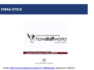 FIBRA ÓTICA

Fonte: http://www.youtube.com/watch?v=nXBiReoqxAo acesso em 17/02/14

 
