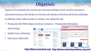 Objetivo:
Exponer el resultado del estudio de Interoperabilidad entre LILACS (Literatura
Latinoamericana y del Caribe en Ciencias da Salud) y Artemisa (Artículos Editados
en México sobre Información en Salud), con adopción del:
• Protocolo OAI-PMH (Open Archives Initiative - Protocol for Metadata
  Harvesting)
• Dublin Core calificado;
• Estructura OpenURL.
 