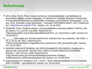 26 
LibreOffice Productivity Suite 
Referências 
UCA, Erika; SILVA, Flávio Soares Corrêa da. Interoperabilidade e portabilidade de 
documentos digitais usando ontologias. In: Seminar on Ontology Research in Brazil and 
VI International Workshop on Metamodels, Ontologies and Semantic Technologies, 12-14, 
sep. 2011, Gramado. Anais eletrônicos... Gramado: ONTOBRAS-MOST, 2011. Disponível 
em: <http://ceur-ws.org/Vol-776/>. Acesso em: 16 set.2014. 
TAURION, Cézar. Padrões abertos, interoperabilidade e interesse público. PoliTICs, Rio 
de Janeiro, n.2, p.29-35, nov.2008. Disponível em: 
<http://www.politics.org.br/sites/default/files/poliTICS_n2_CezarTaurio n.pdf>. Acesso em: 
16 set.2014.. 
______. Odf e open xml. Revista espírito livre: software livre nas empresas, Vila Velha, n. 
22, p. 20-22, jan. 2011. Disponível em: 
<http://revista.espiritolivre.org/pdf/Revista_EspiritoLivre_022_janeiro2011.pdf>. Acesso 
em: 16 set.2014. 
SERPRO (SERVIÇO FEDERAL DE PROCESSAMENTO DE DADOS). Padrão odf: a 
abertura da “caixa preta”. Revista Tema: SIAFI E CONTA ÚNICA DO GOVERNO, 
Brasília, n. 194, set./out. 2008. Disponível em: 
<http://www4.serpro.gov.br/imprensa/publicacoes/tema-1/antigas 
%20temas/tema_194/materias/padrao-odf>.Acesso em: 16 set.2014. 
Especialização em Software Livre – Unisul – Tema: Interoperabilidade Entre os Padrões 
ODF e OOXML - goo.gl/OpFzx4 Acesso em: 16 set.2014. 
 