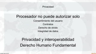 © Waher Data AB, 2021.
Privacidad
Procesador no puede autorizar solo
Consentimiento del usuario
Contratos
Derecho de olvido
Integridad de datos
Privacidad y interoperabilidad
Derecho Humano Fundamental
 